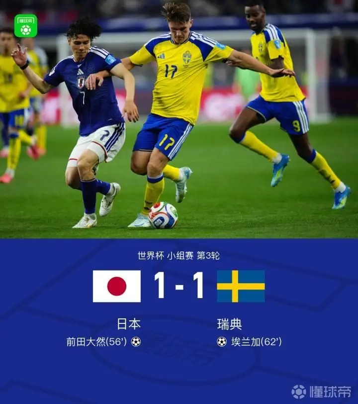 日本1-1瑞典以小组第二出线，淘汰赛将战巴西，前田大然破门