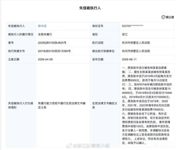 前浙江球员陈中流因未履行支付抚养费义务,被列为失信执行人